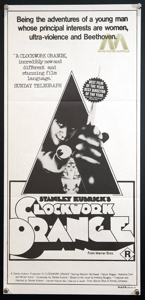 A CLOCKWORK ORANGE (1971) Malcolm McDowell, Daybill, Very Fine+ Cond - Movie Posters Australia