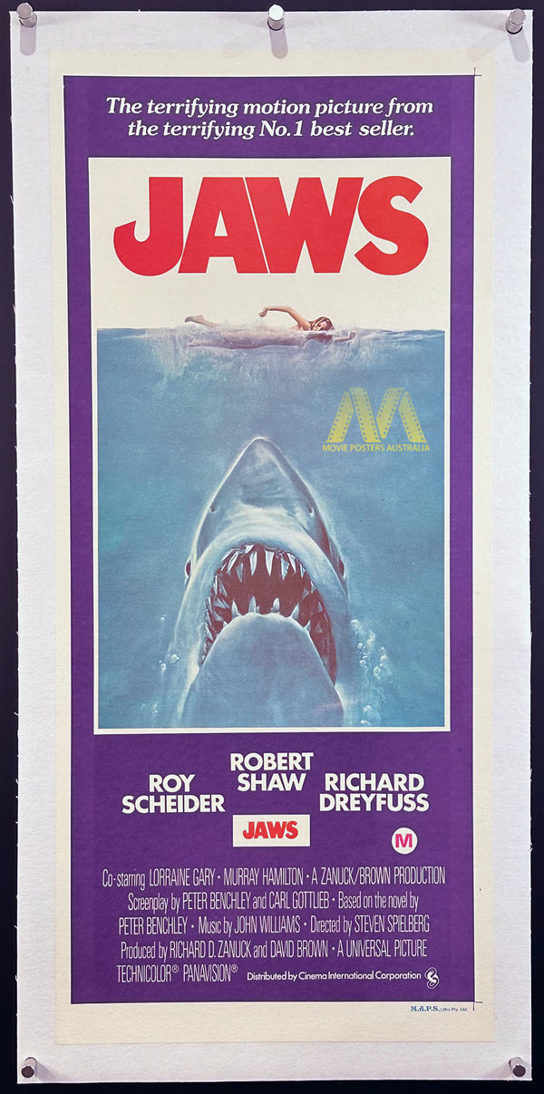 JAWS (1975) Australian Daybill Movie Poster, NM condition, Linen Backed