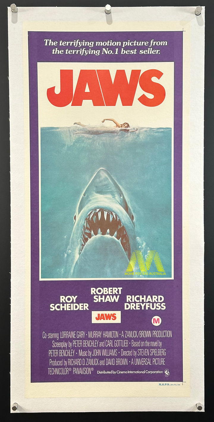 JAWS (1975) Australian Daybill Movie Poster, NM condition, Linen Backed - Movie Posters Australia