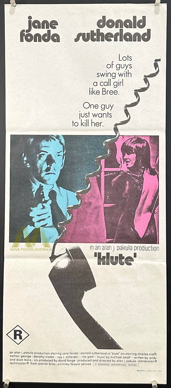 KLUTE (1971) MOVIE POSTER, DAYBILL, JANE FONDA, DONALD SUTHERLAND